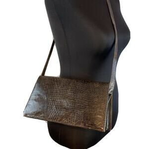 Vintage Womens Crossbody Snap Flap Purse Chocolate Brown Lizard Leather